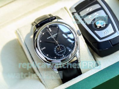 Swiss Vacheron Constantin Moonphase Black Dial SS Replica Watch